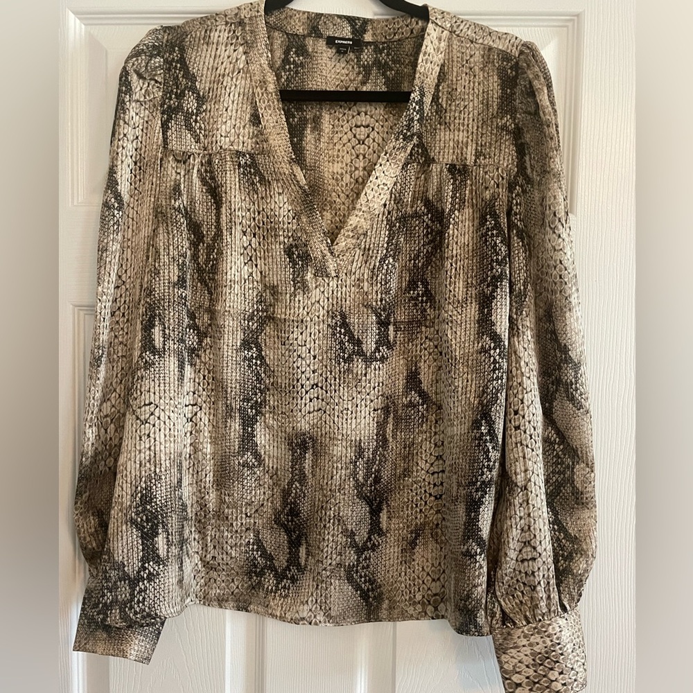 Satin Snakeskin V-Neck Long Sleeve Gathered Front Top